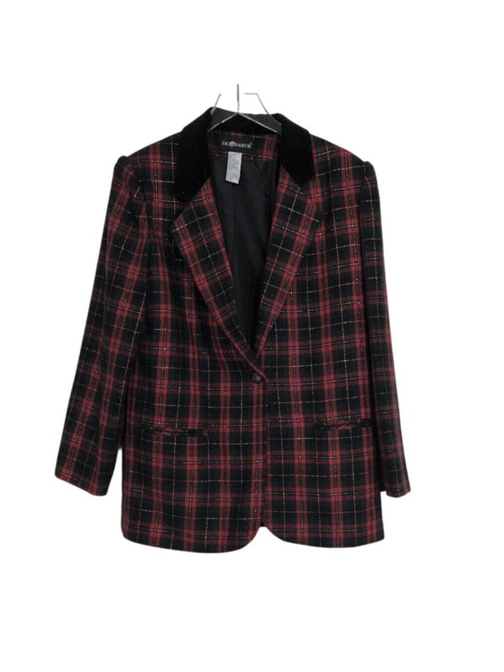 Sag Harbor Plaid Blazer Womens Size 14 Red Wool Blend Velvet Collar Metallic